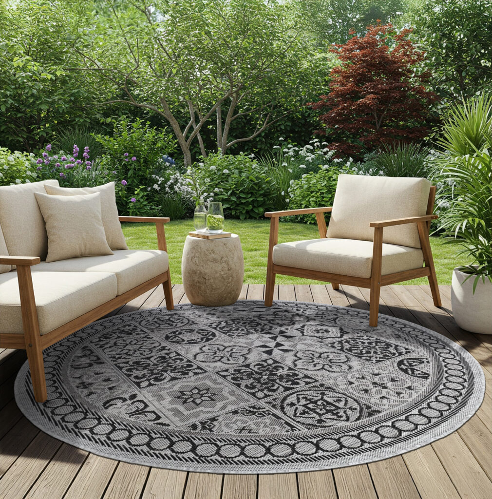 Tapis Melissa Rond Gris Noir Mosaïque Intérieur Extérieur