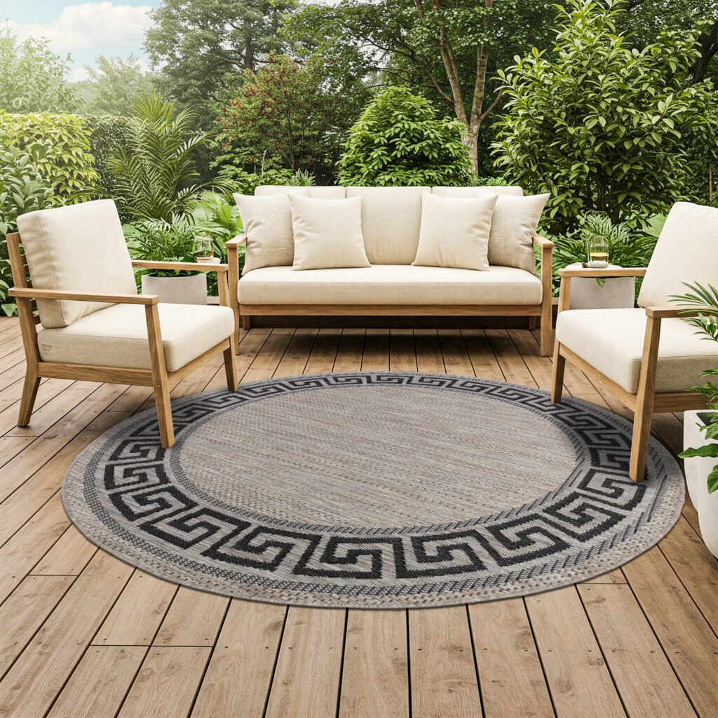 Tapis Melissa Rond Marron Noir ZigZag Intérieur Extérieur