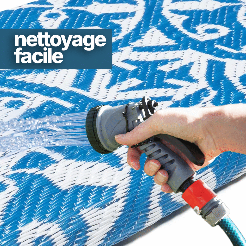 Tapis Ibiza en Plastique Réversible Imperméable Bleu Marine Blanc Cercles