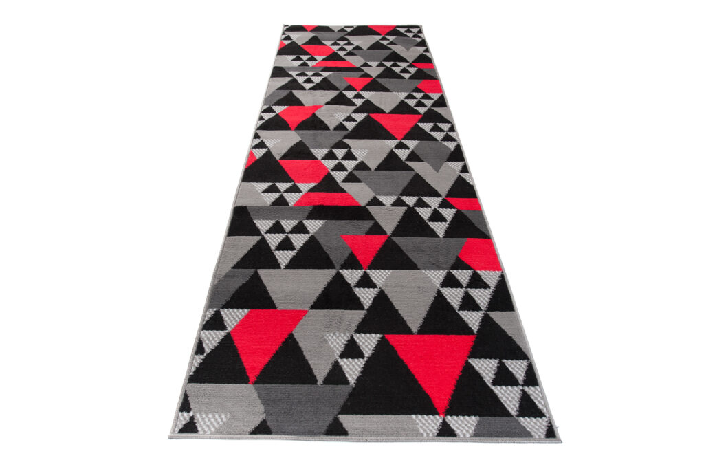 Tapis de Couloir Maya Gris Rouge Géométrique à Triangles