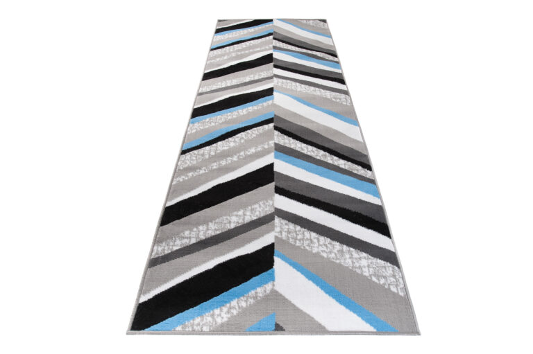 Tapis de Couloir Maya Gris Bleu Géométrique à Rayures