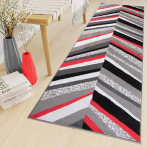 Tapis de Couloir Maya Gris Rouge Géométrique à Rayures