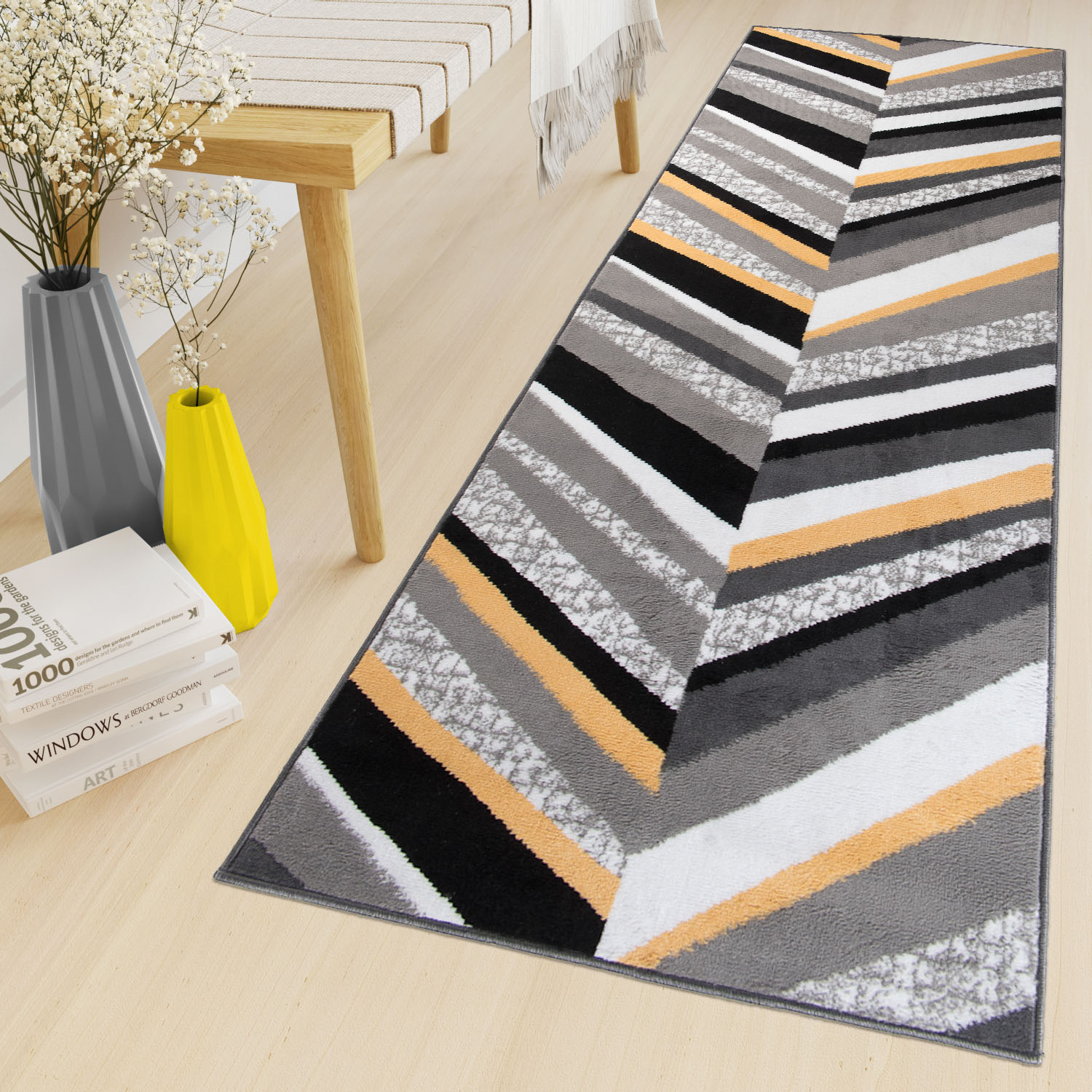 Tapis de Couloir Maya Gris Jaune Géométrique à Rayures
