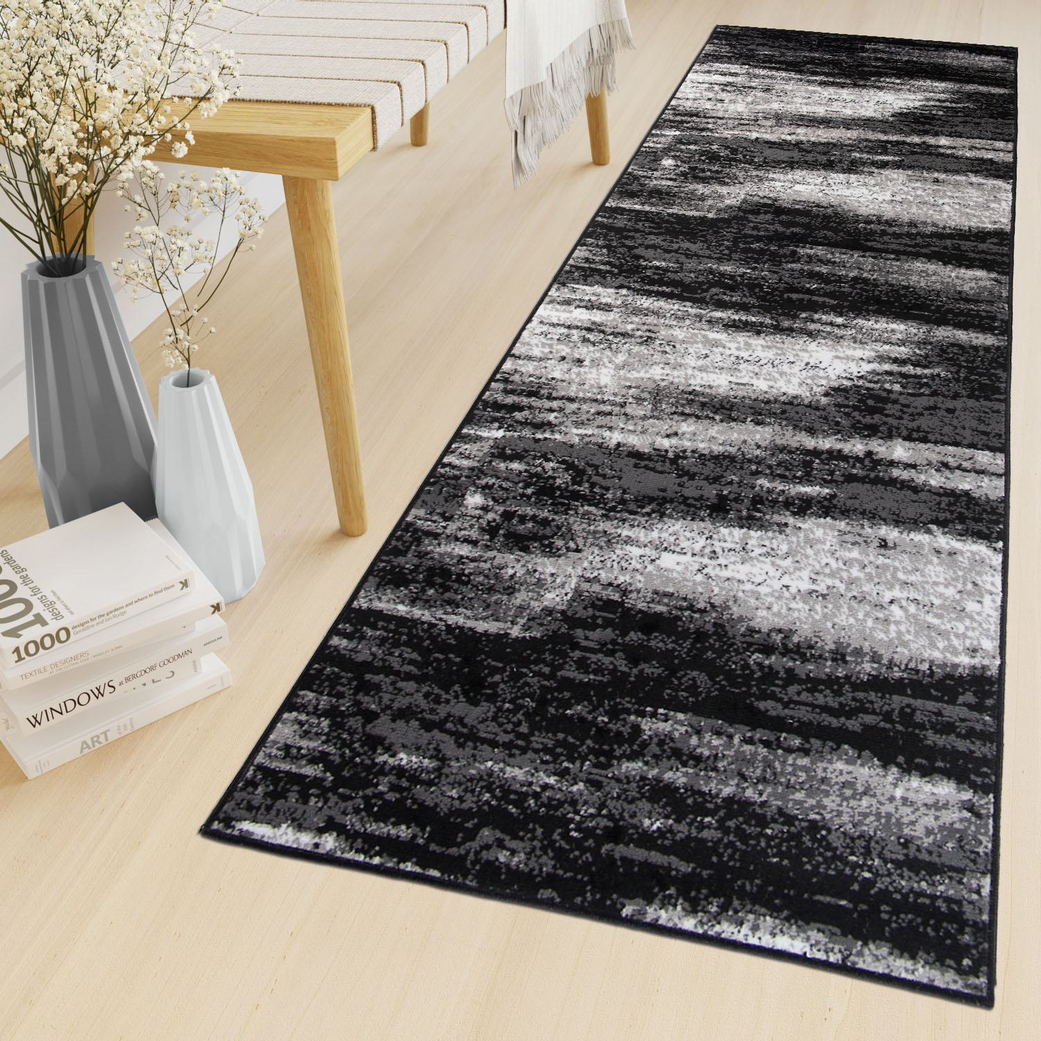Tapis de Couloir Maya Gris Noir Abstrait