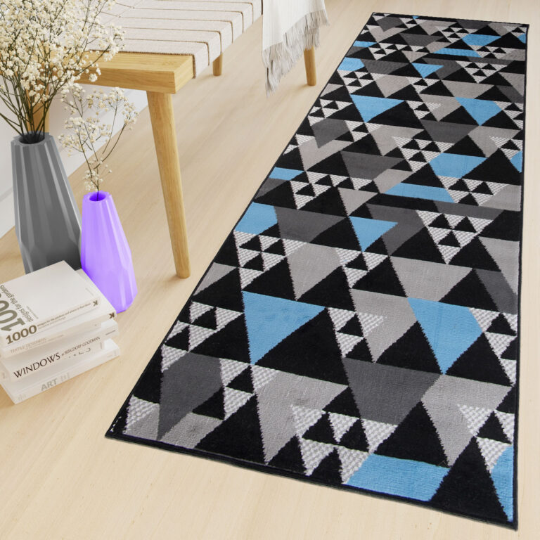 Tapis de Couloir Maya Gris Bleu Géométrique à Triangles