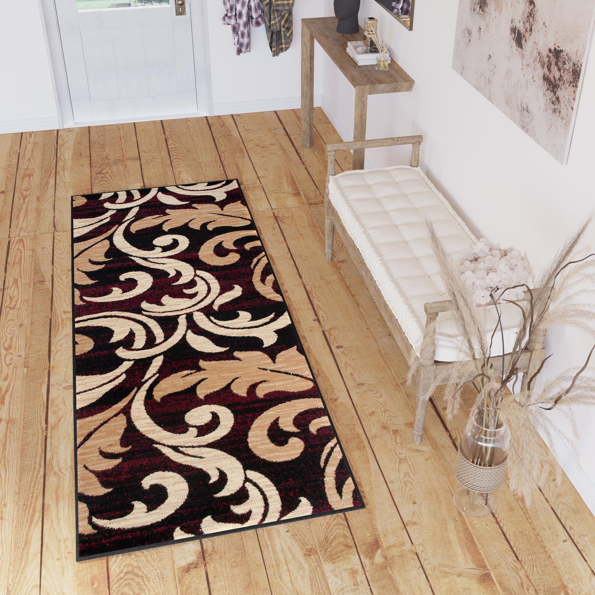 Tapis de couloir Dream Bordeaux Crème Ornements Feuilles