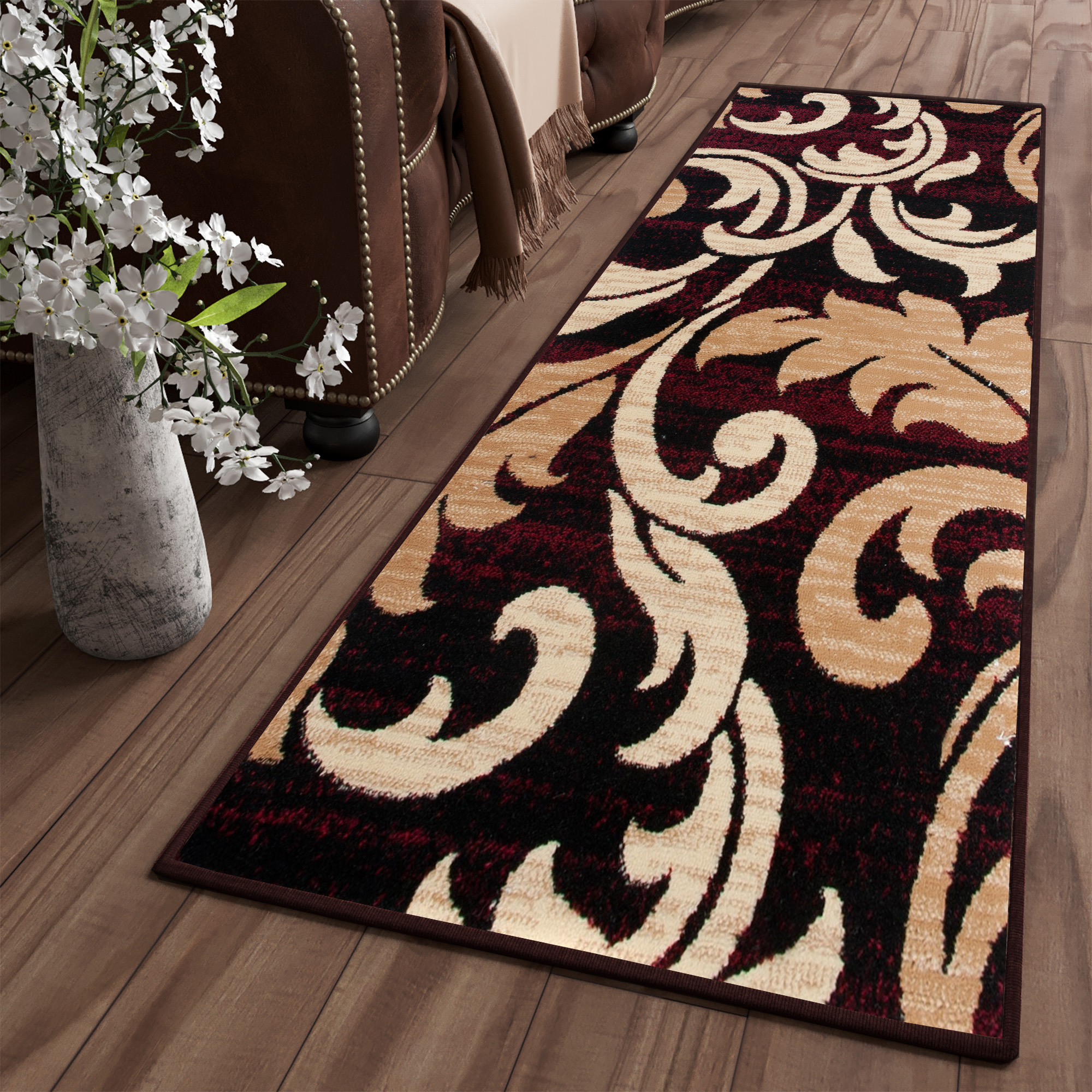 Tapis de couloir Dream Bordeaux Crème Ornements Feuilles