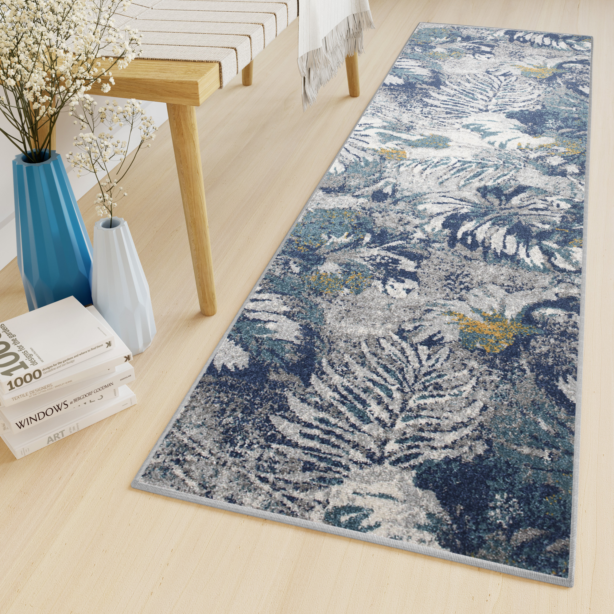 Tapis de couloir Lazur Bleu Marine Feuilles
