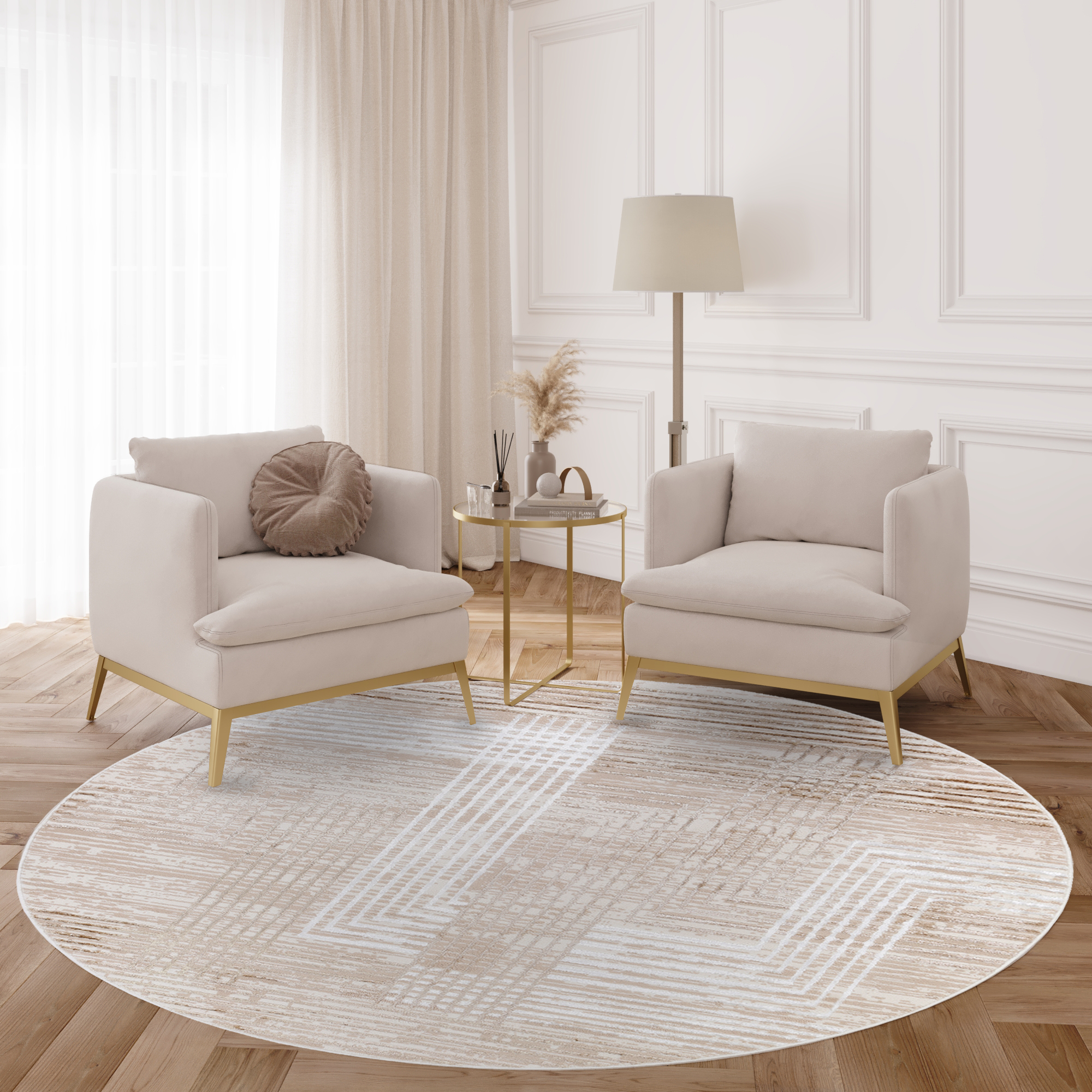 Tapis Crystal Rond Marron Beige Crème Rayé