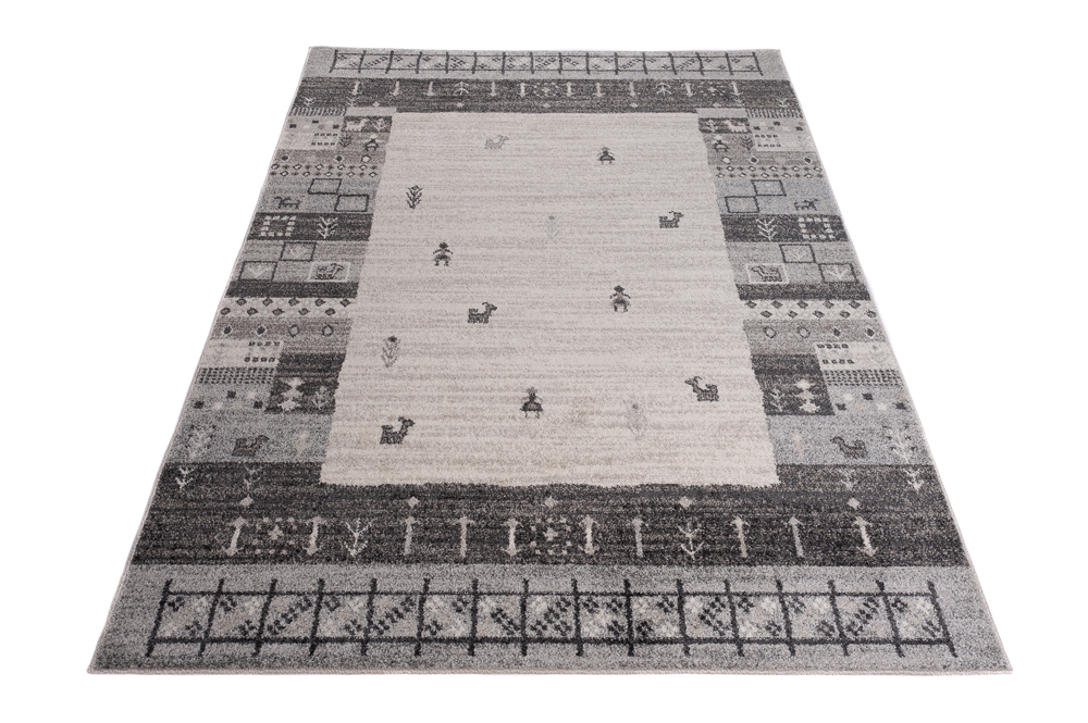 Tapis Sari Gris Crème Ethnique Cadre