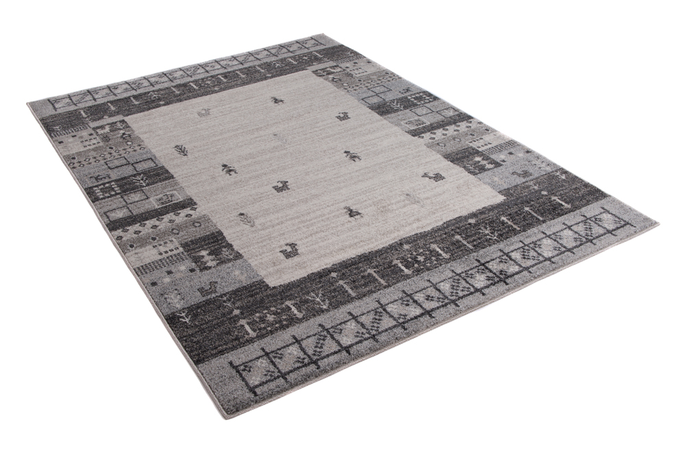 Tapis Sari Gris Crème Ethnique Cadre