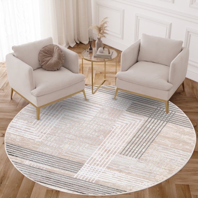 Tapis Crystal Rond Marron Beige Crème Rayé