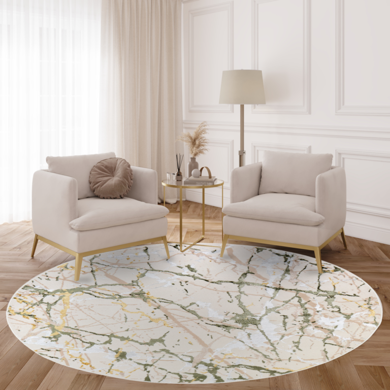 Tapis Crystal Rond Vert Crème Abstrait Marbre
