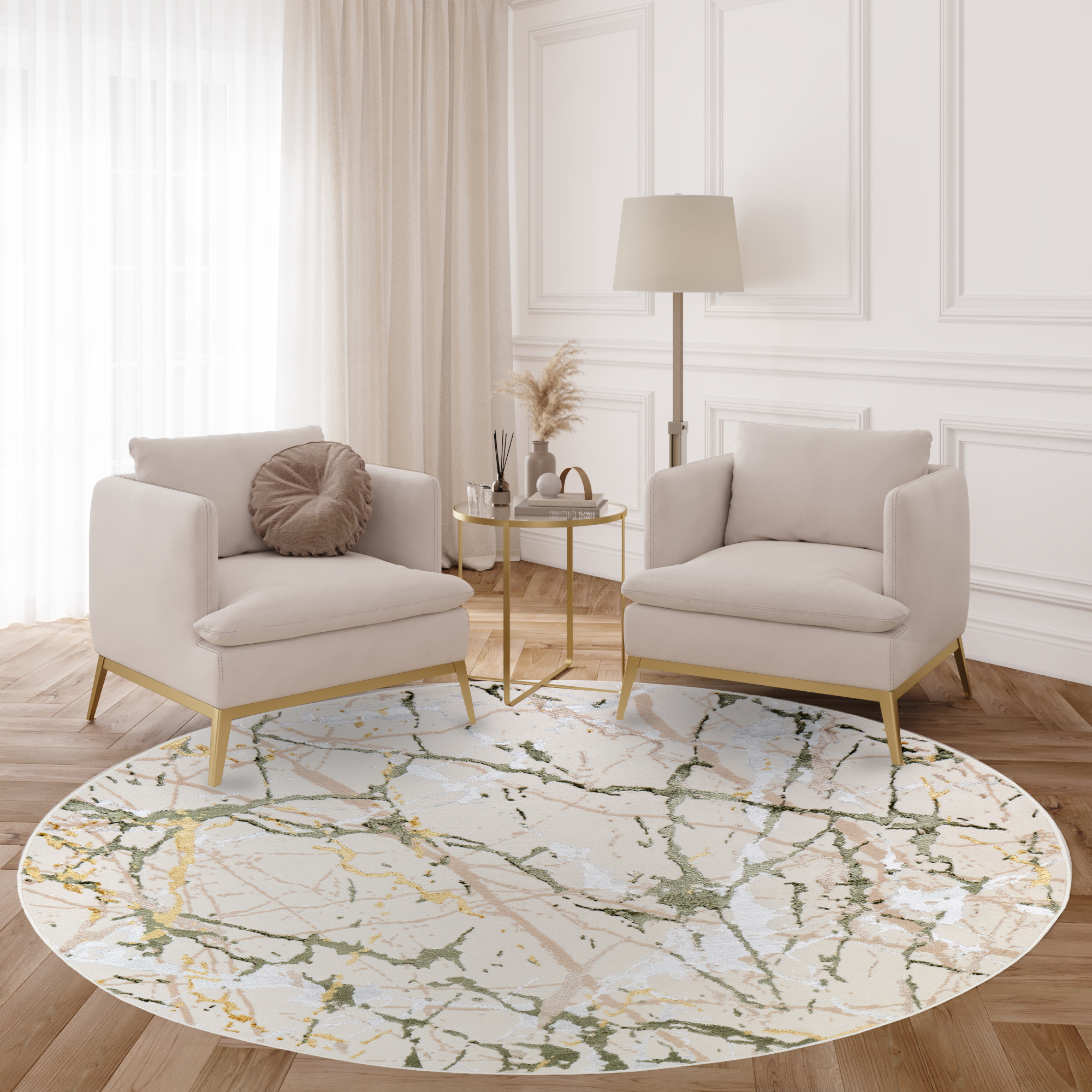 Tapis Crystal Rond Vert Crème Abstrait Marbre