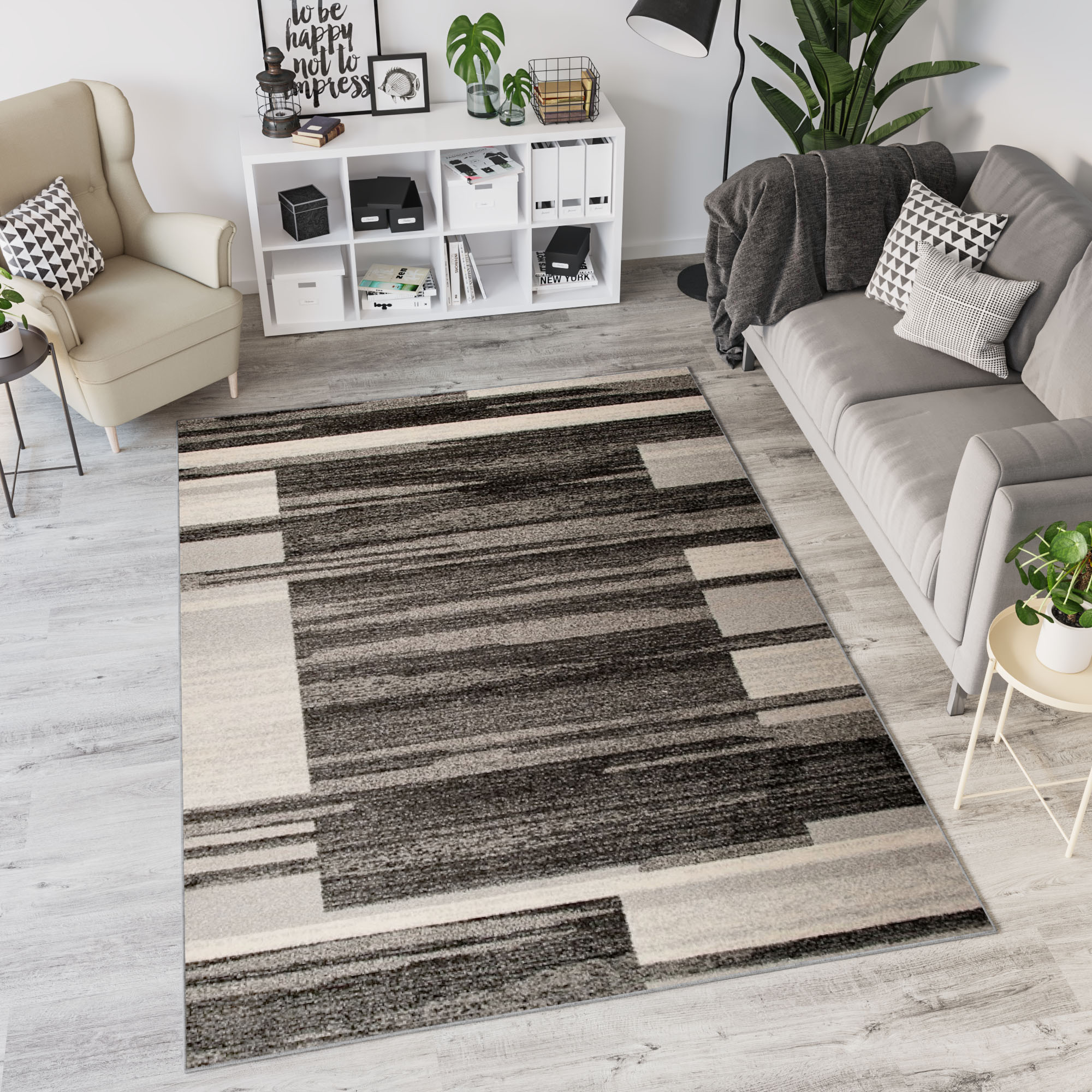 Tapis Sari Anthracite Beige Cadre