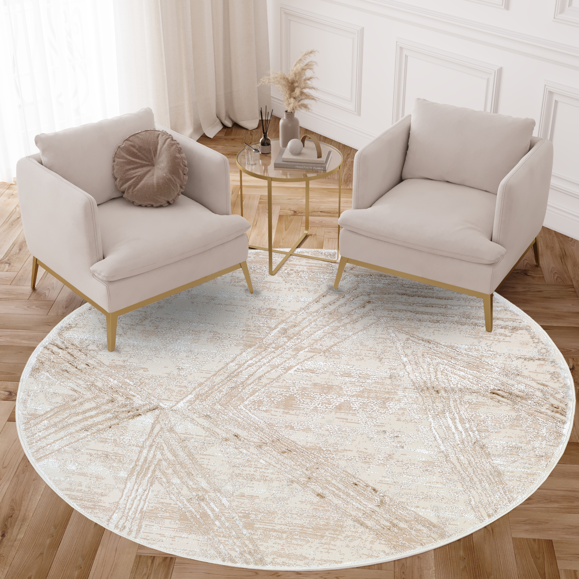 Tapis Crystal Rond Crème Marron Moucheté Lignes