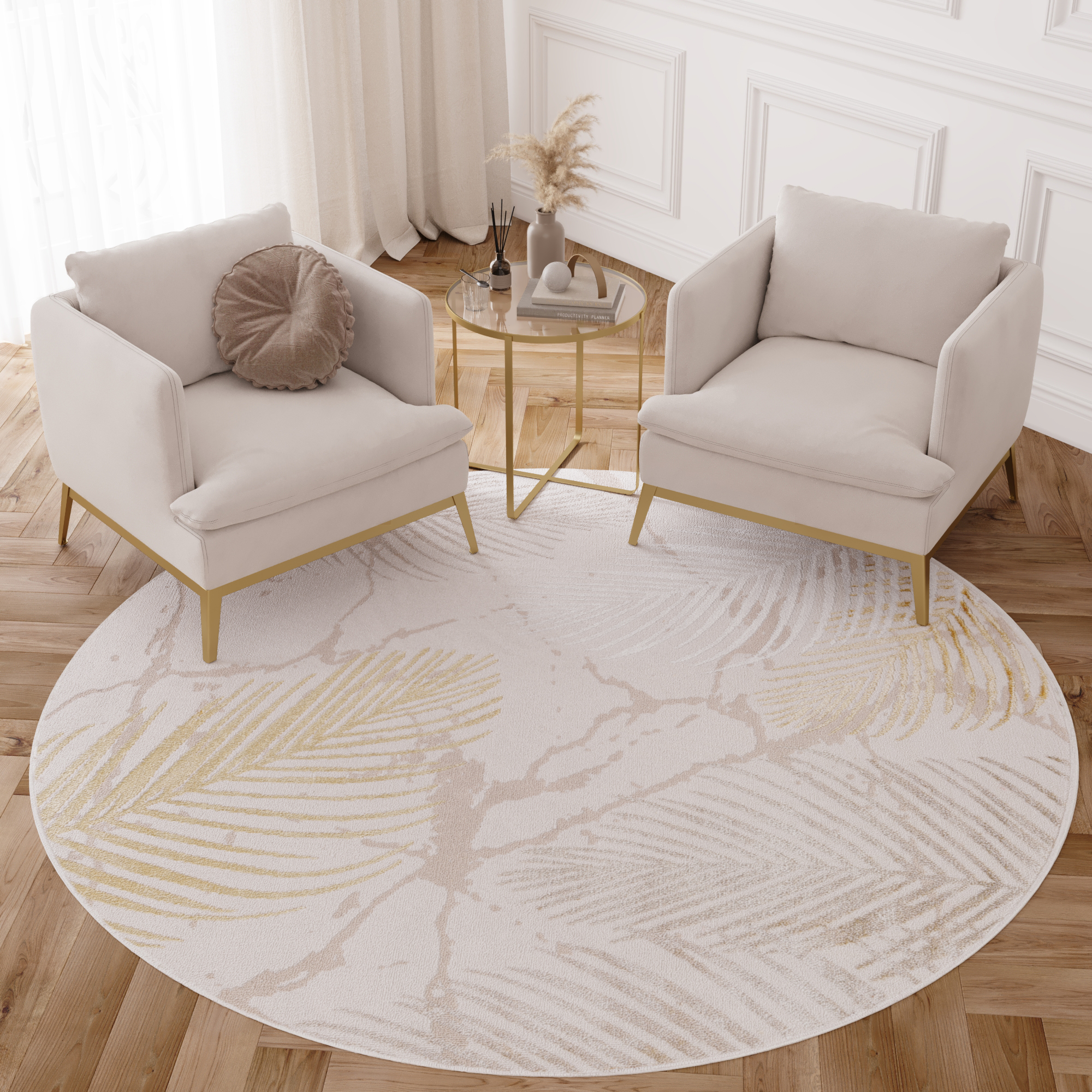 Tapis Crystal Rond Or Marron Crème Feuilles