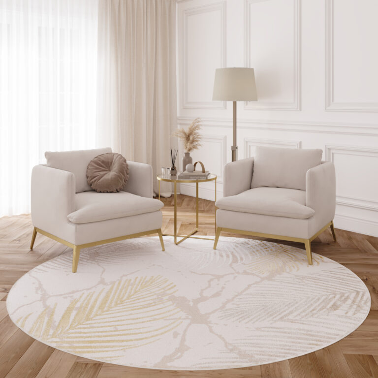 Tapis Crystal Rond Or Marron Crème Feuilles