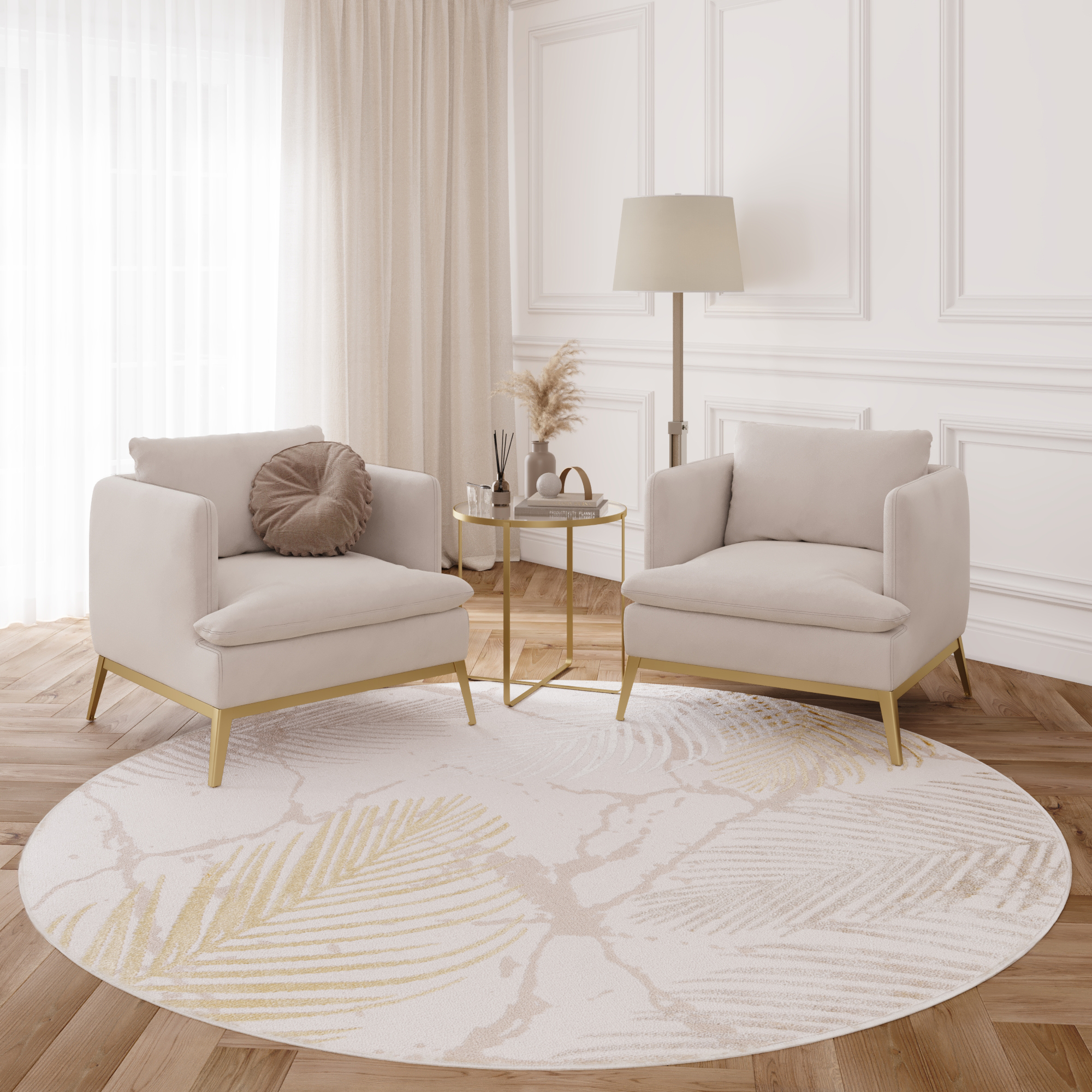 Tapis Crystal Rond Or Marron Crème Feuilles