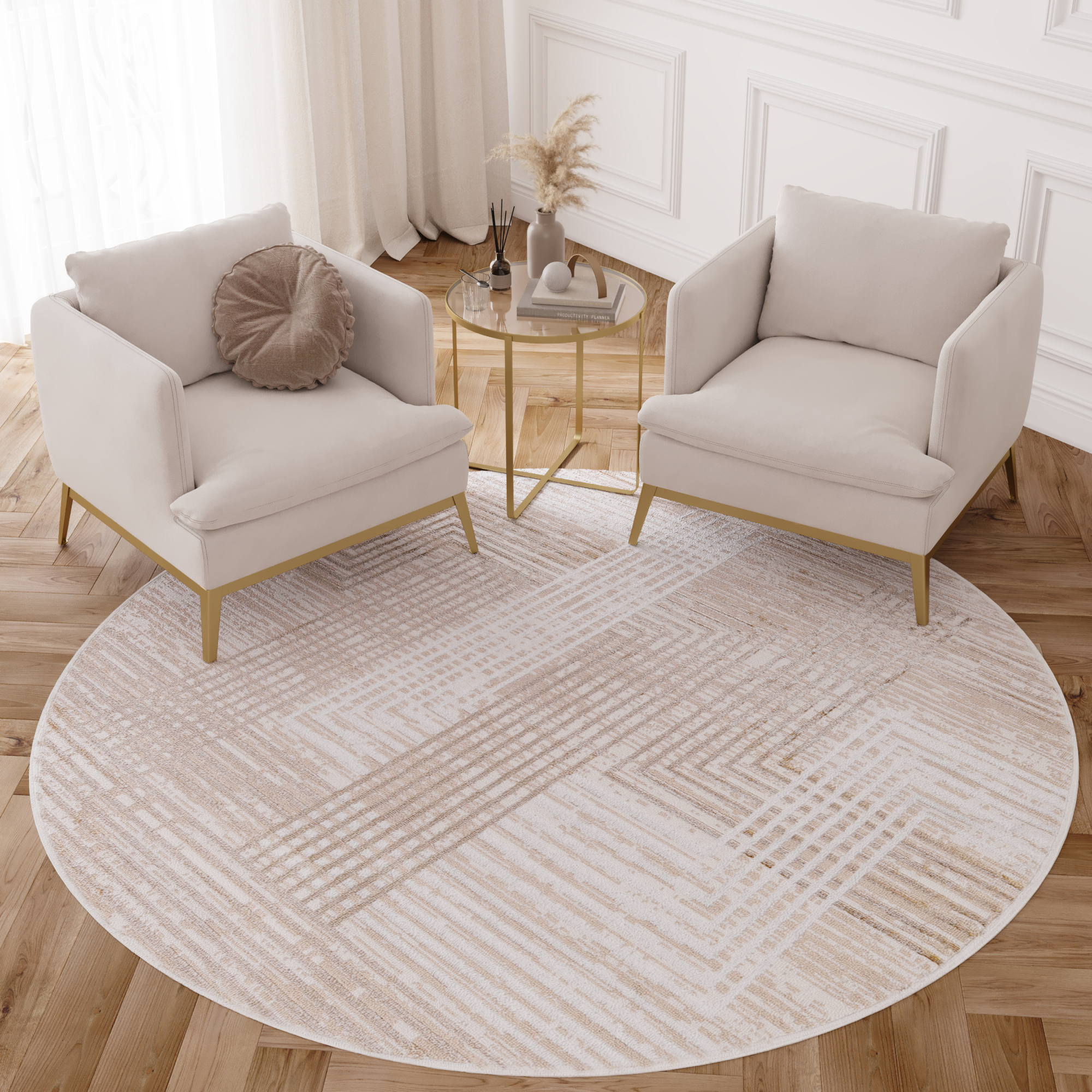 Tapis Crystal Rond Beige Marron Crème Rayé