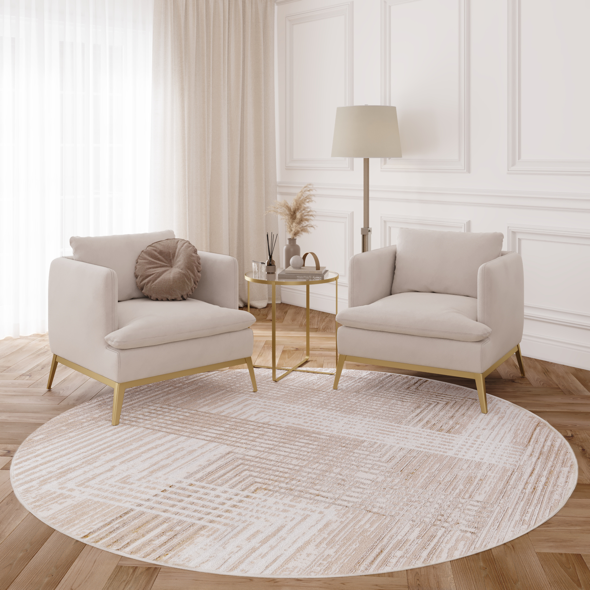 Tapis Crystal Rond Beige Marron Crème Rayé