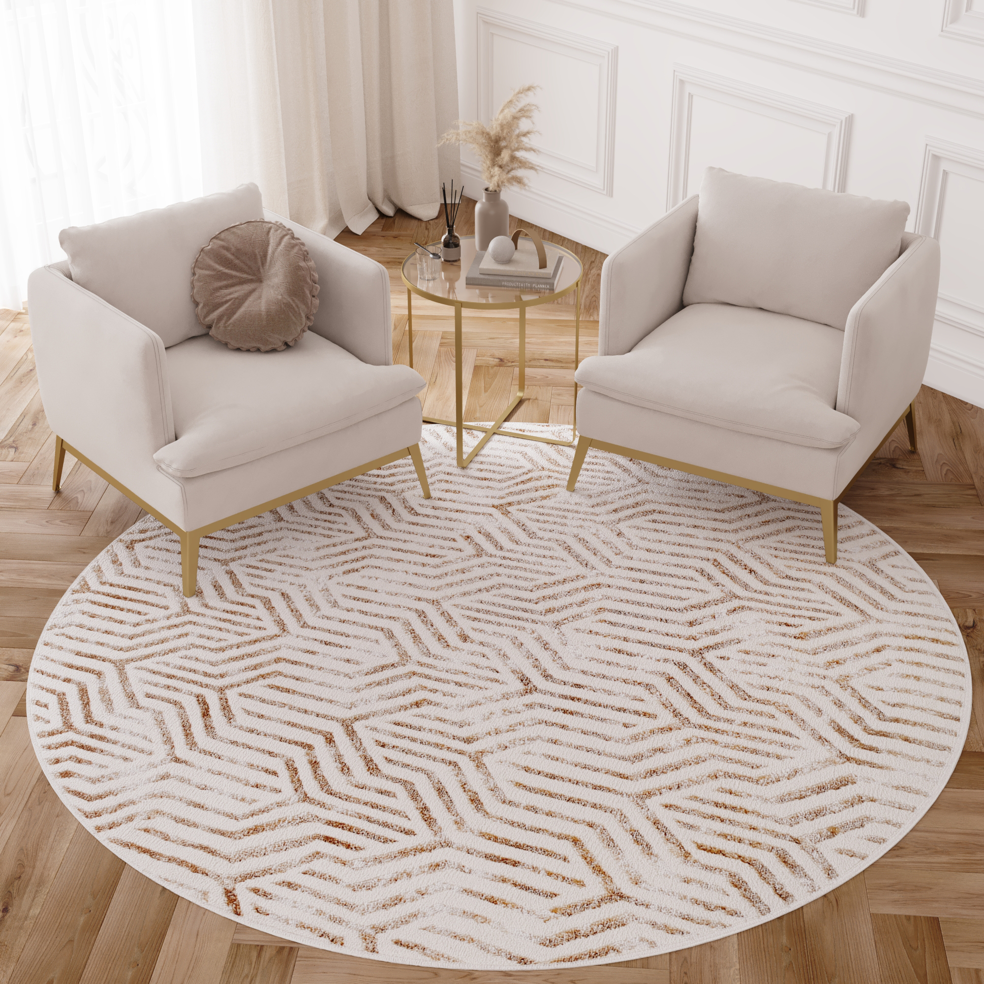 Tapis Crystal Rond Marron Crème Beige Lignes