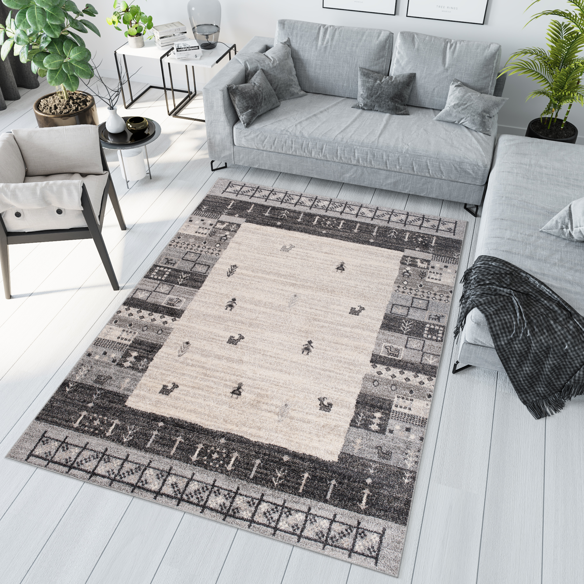 Tapis Sari Gris Crème Ethnique Cadre