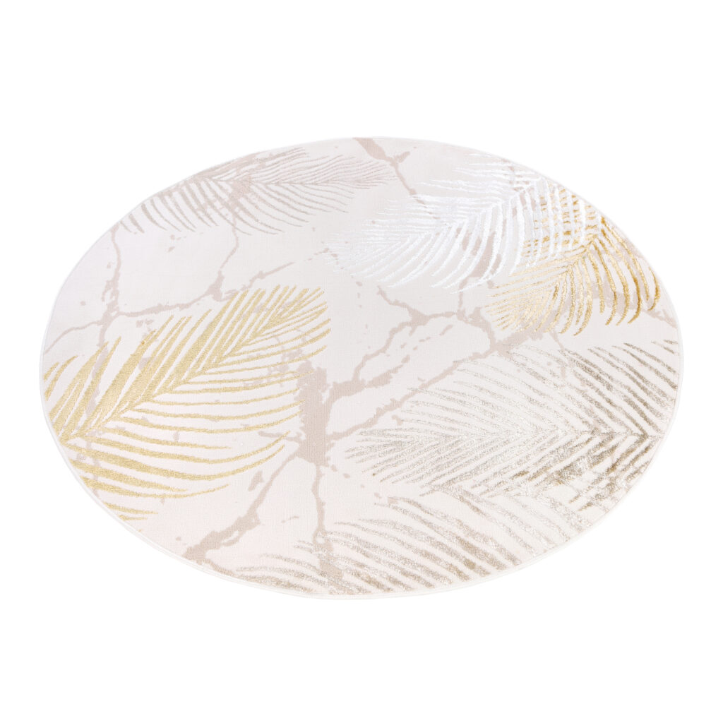 Tapis Crystal Rond Or Marron Crème Feuilles