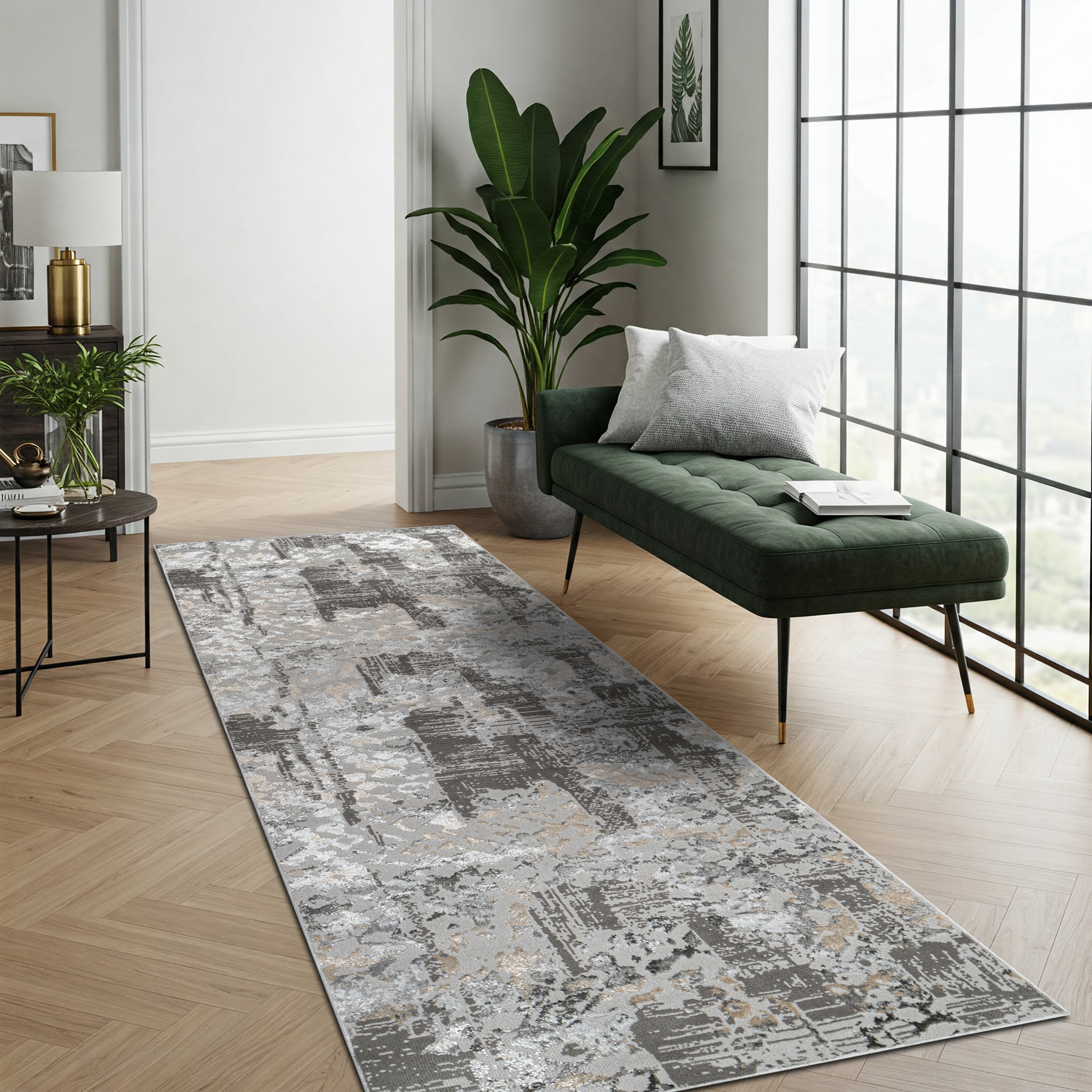 Tapis de Couloir Crystal Gris Foncé Beige Abstrait