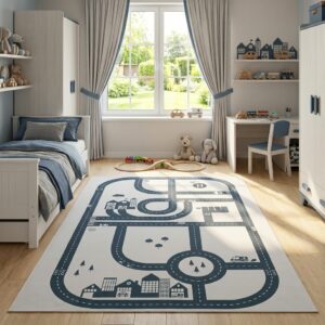 Tapis Enfant Snooki Ville Gris Bleu Marine Antidérapant