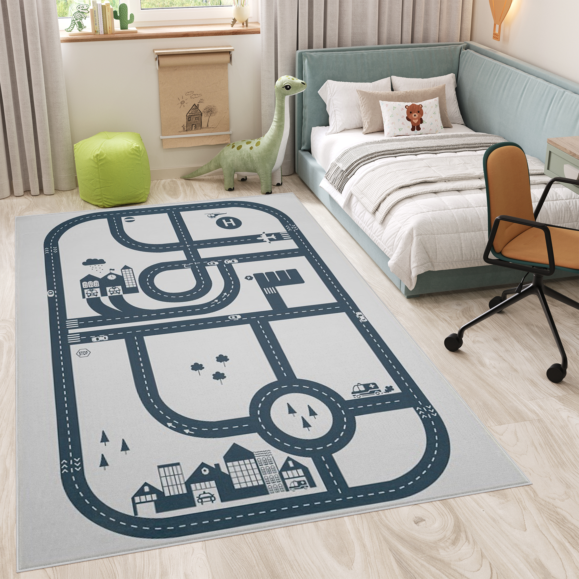 Tapis Enfant Snooki Ville Gris Bleu Marine Antidérapant