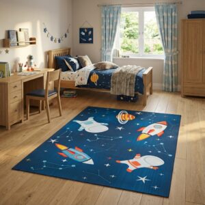 Tapis Enfant Snooki Fusées Bleu Marine Antidérapant