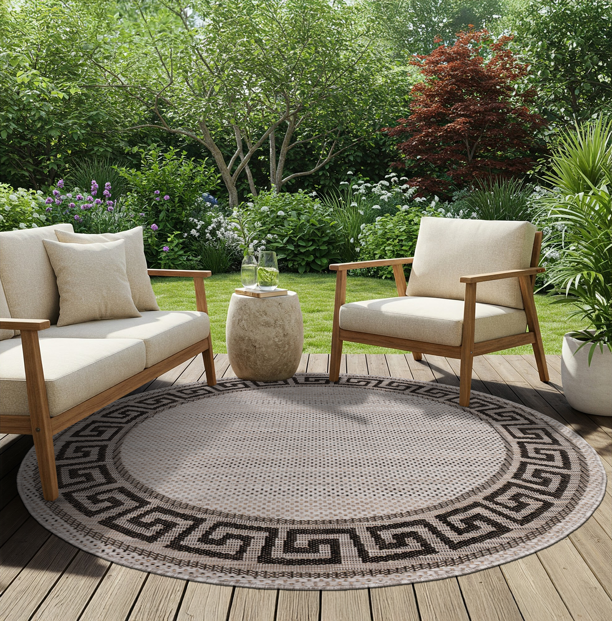 Tapis Melissa Rond Gris Noir ZigZag Intérieur Extérieur