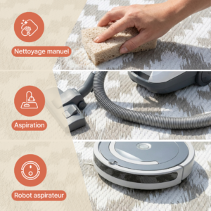 Tapis Ibiza en Plastique Réversible Imperméable Bleu Marine Blanc Cercles