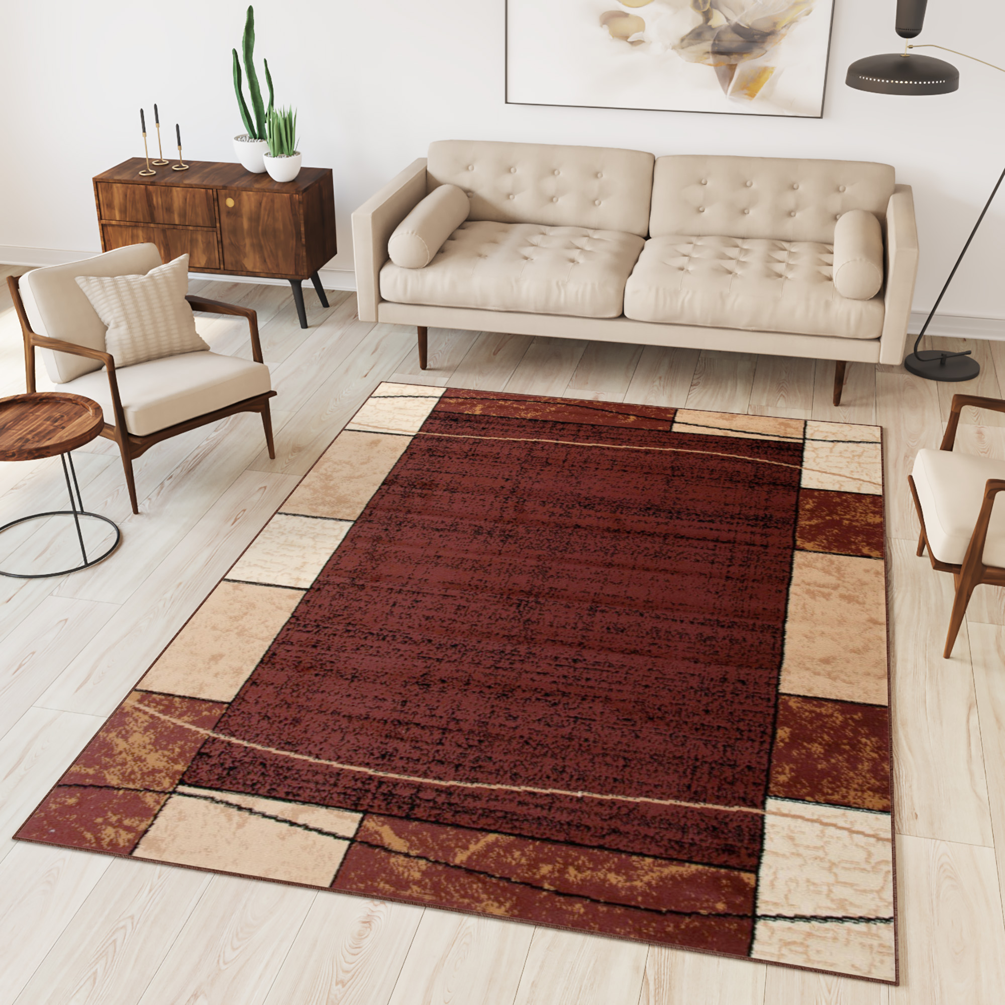 DREAM Tapis Moderne Carreaux Rectangles Marron Foncé Beige Fin