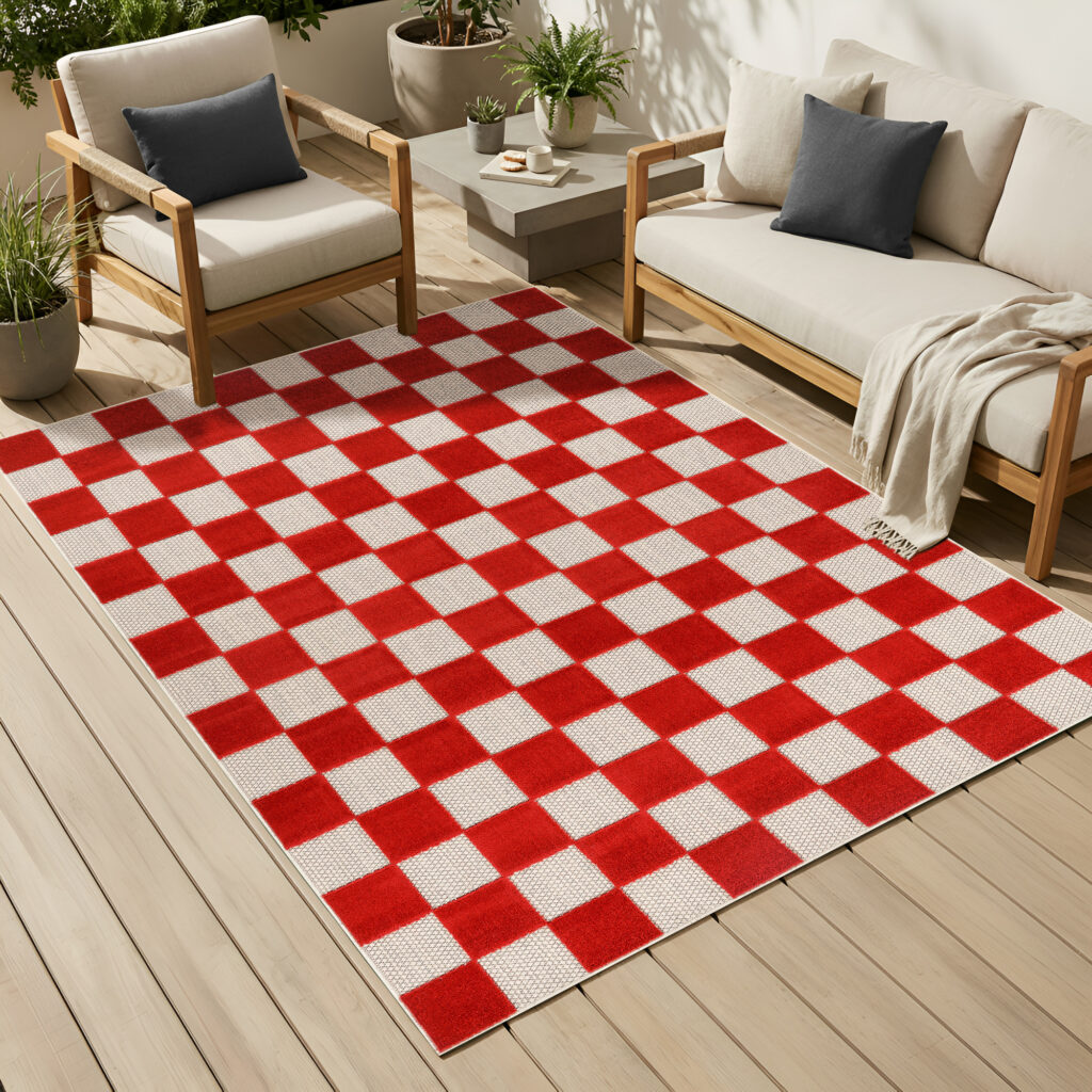 Tapis Extérieur Checker Crème Rouge