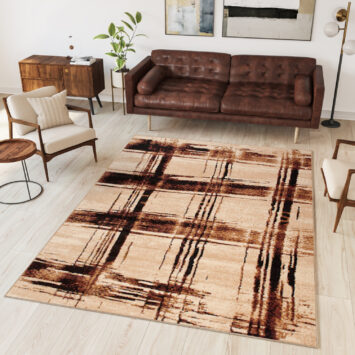 DREAM Tapis Moderne Treillis Rayures Marron Beige Fin