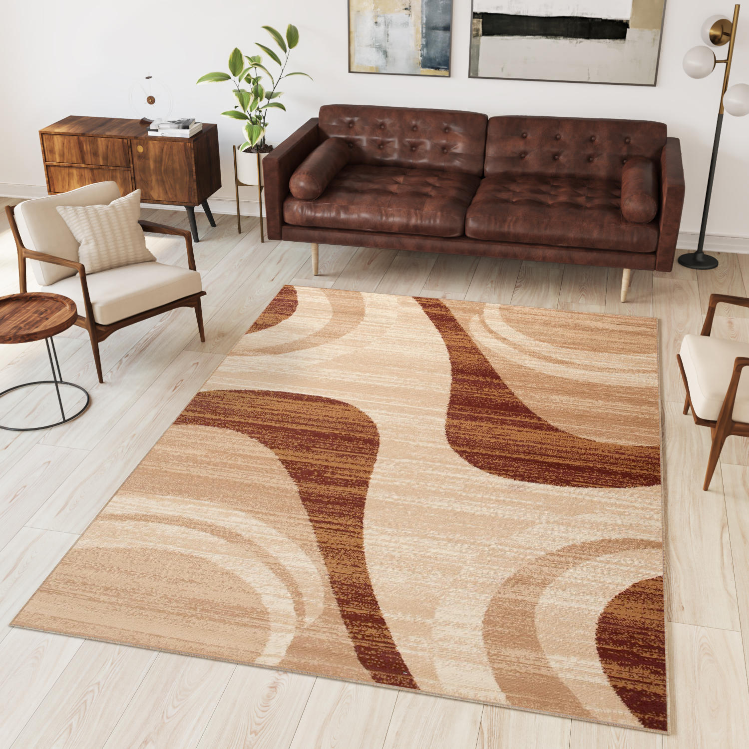 DREAM Tapis Moderne Abstrait OndesEcru Beige Marron Fin