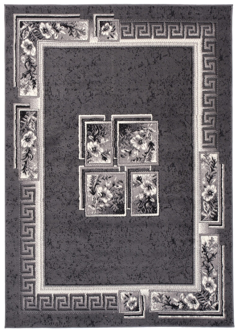 DREAM Tapis Moderne Bordure Fenêtre Fleur Gris Foncé Crème Fin