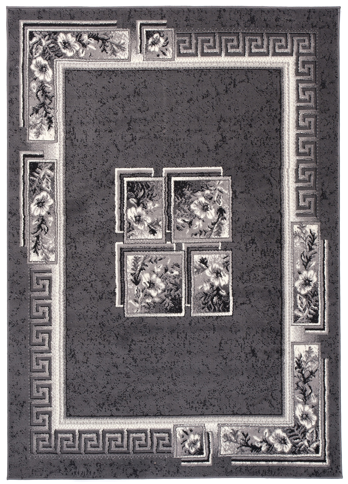 DREAM Tapis Moderne Bordure Fenêtre Fleur Gris Foncé Crème Fin