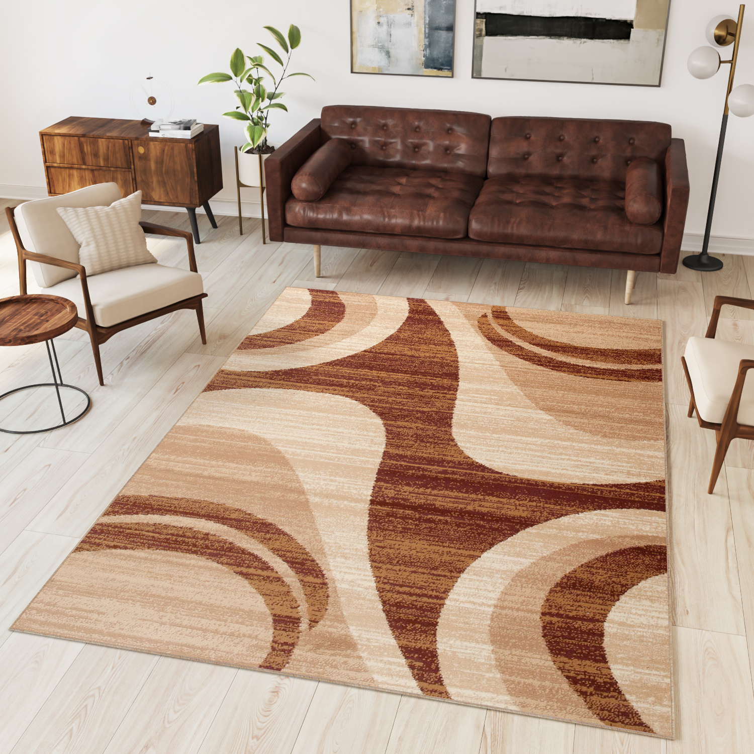 DREAM Tapis Moderne Abstrait Vagues Beige Marron Fin