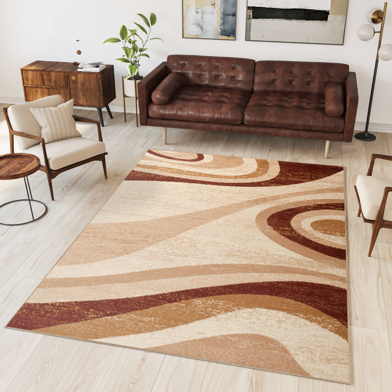 DREAM Tapis Moderne Abstrait Ondes Beige Ecru Marron Fin