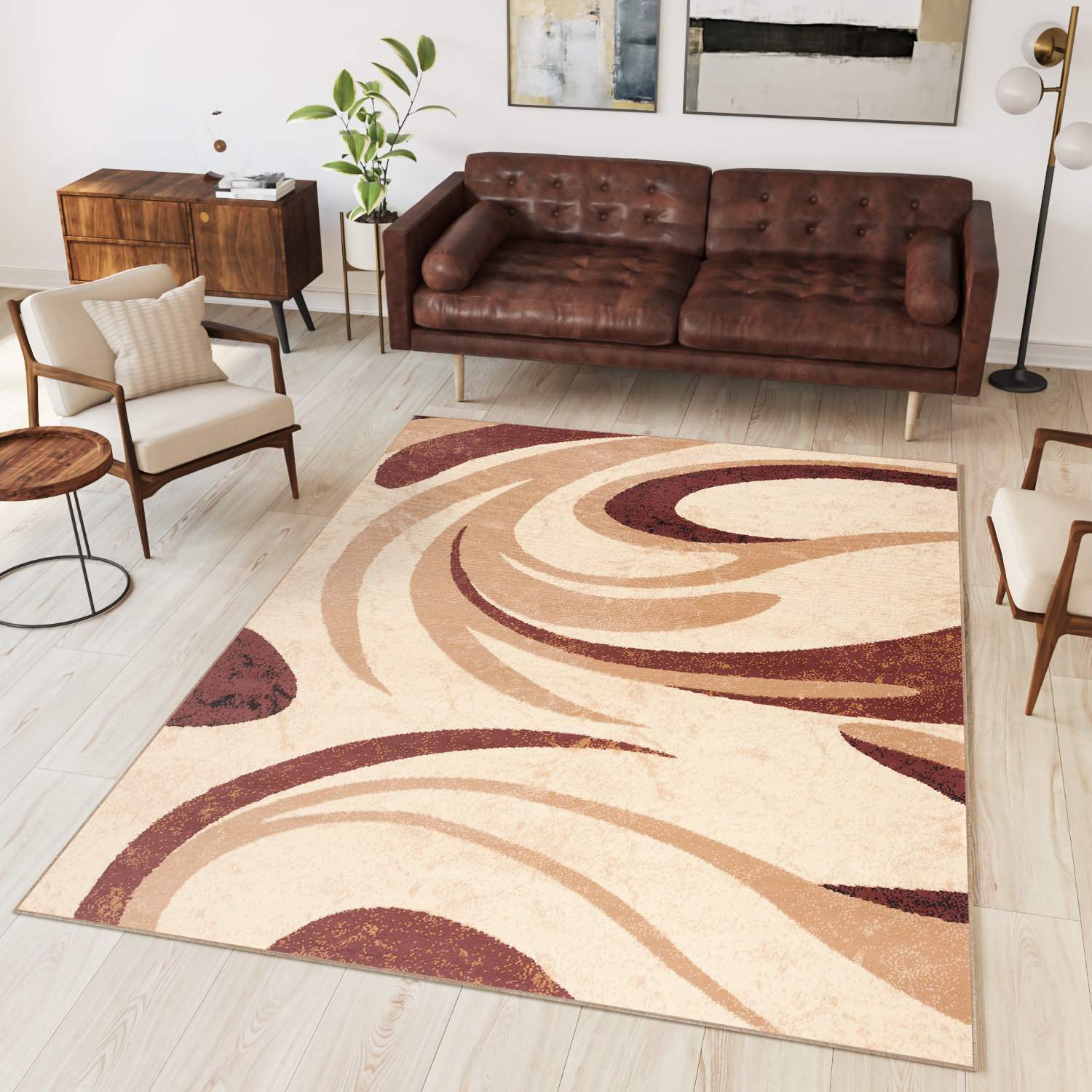 DREAM  Tapis Moderne Abstrait Ondes Ecru Beige Marron Fin
