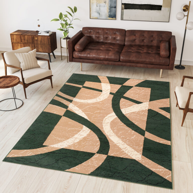 DREAM Tapis Moderne Abstrait Bandes Ondes Vert Beige Fin