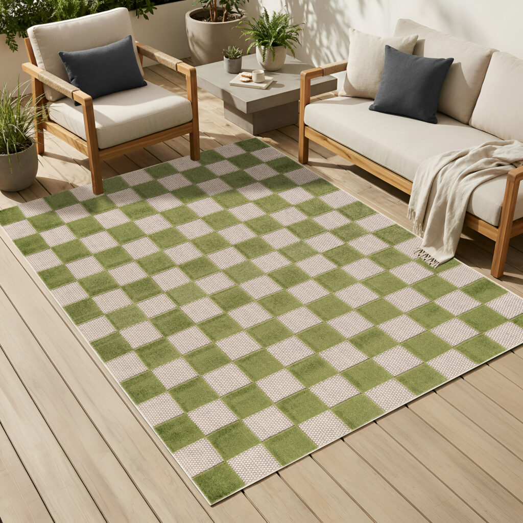 Tapis Extérieur Checker Crème Vert