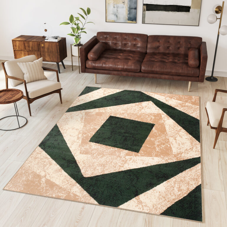 DREAM Tapis Moderne Géométrique Carreaux Vert Beige Ecru Fin