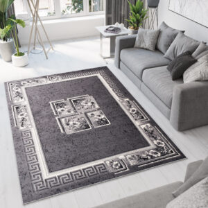 DREAM Tapis Moderne Bordure Fenêtre Fleur Gris Foncé Crème Fin