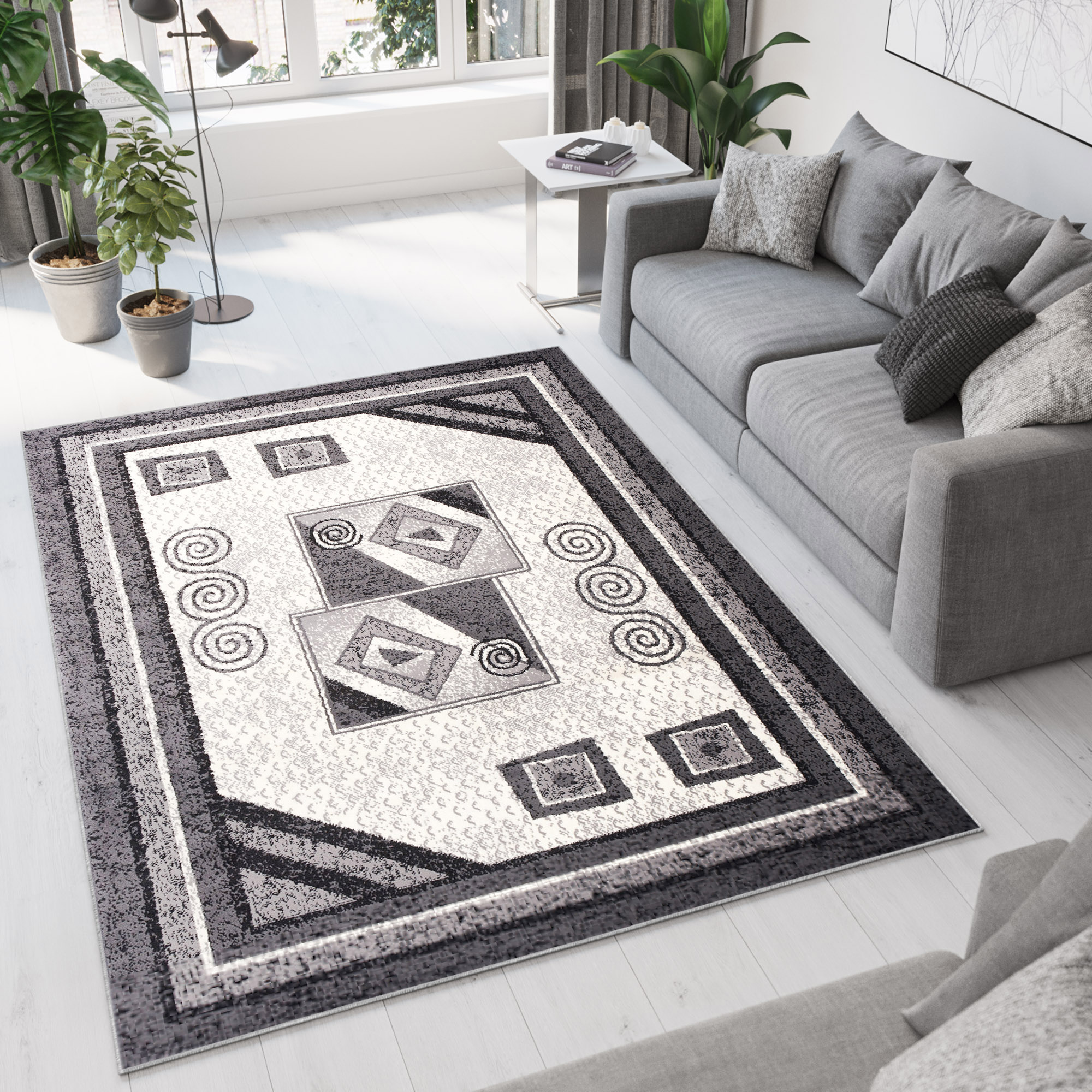 DREAM Tapis Moderne Géométrique Bordure Gris Crème Fin