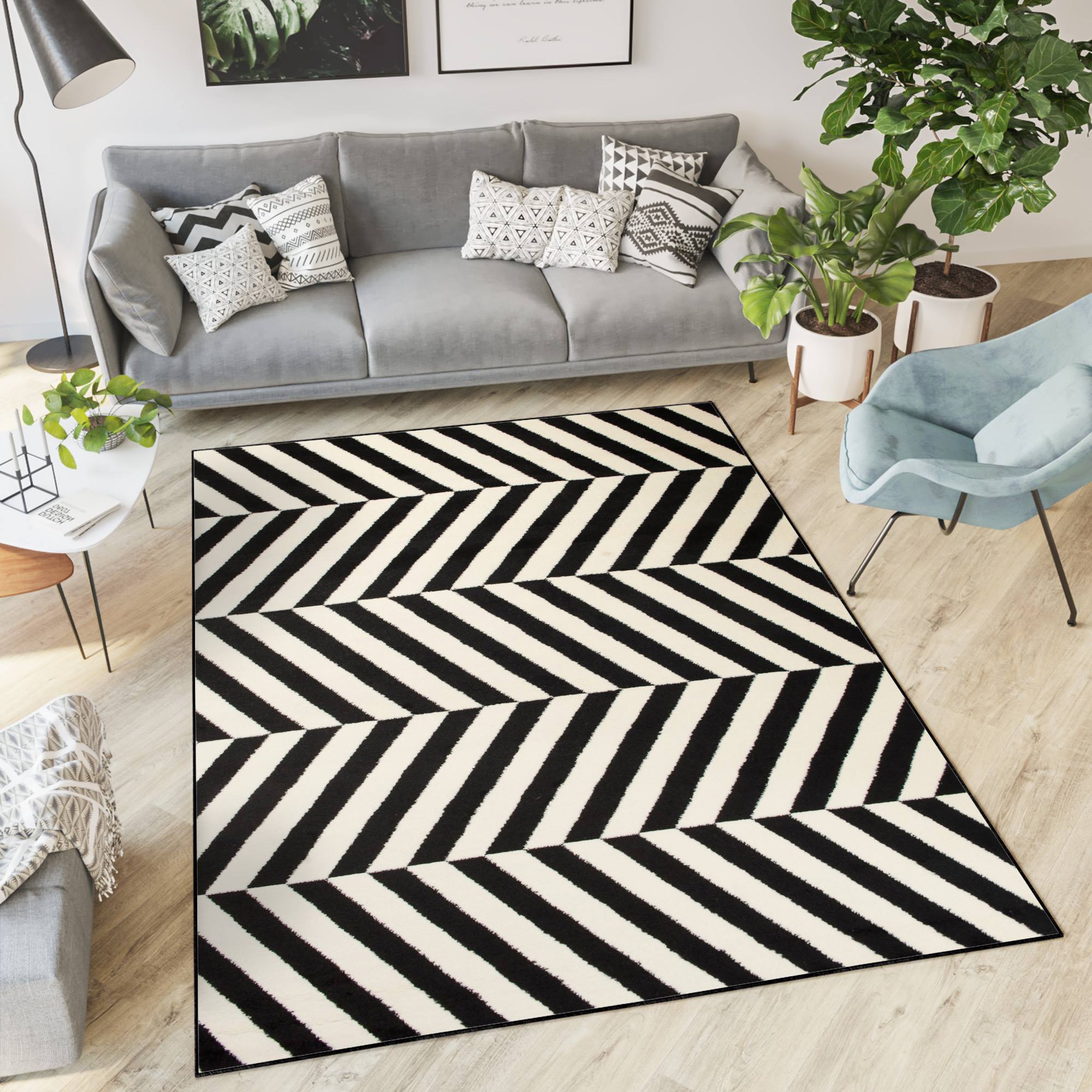 DREAM Tapis Moderne Optique Rayures Noir Blanc Fin