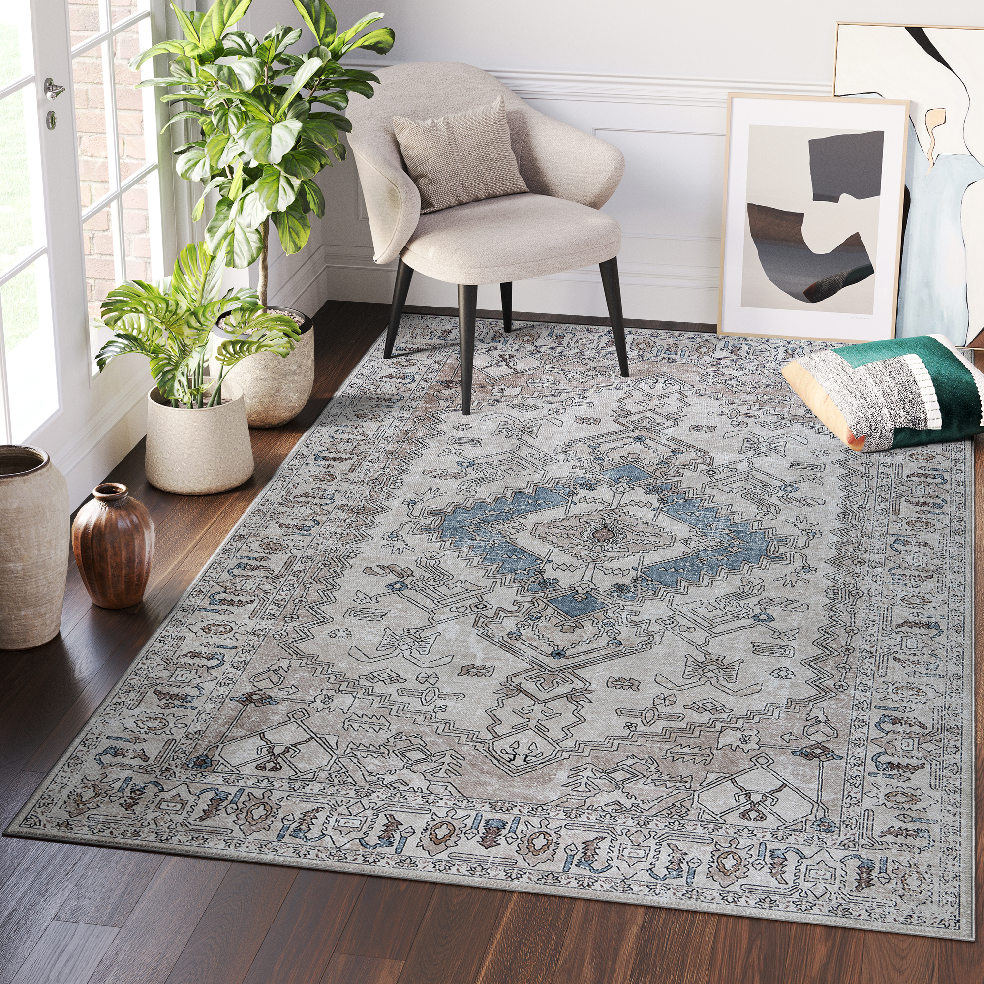 Tapis Dubai Gris Beige Vintage Antidérapant